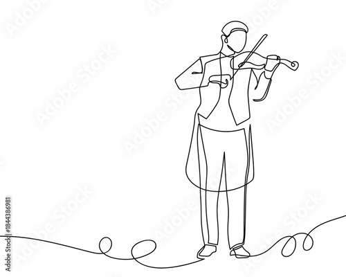 A single, continuous line a male violinist wearing a tuxedo. simple line art illustration. Editable stroke.