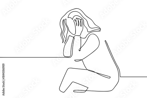 A single, continuous line causes a woman to experience headaches and distress. simple line art illustration. Editable stroke.