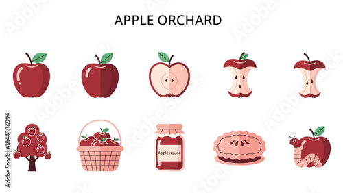 A collection of ten flatdesign icons related to apples and an apple orchard