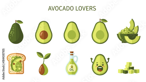 An arrangement of ten flatdesign avocadorelated icons on a white background
