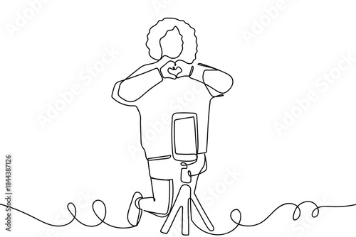 A teenage girl is filming content to upload to her social media. Single, continuous line simple line art illustration. Editable stroke.