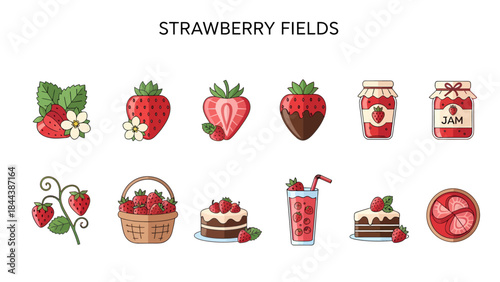 Collection of ten strawberrythemed icons arranged in two rows