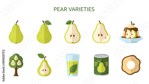 Flat design icons illustrating whole pears crosssections a tree juice canned fruit dessert and dried slices