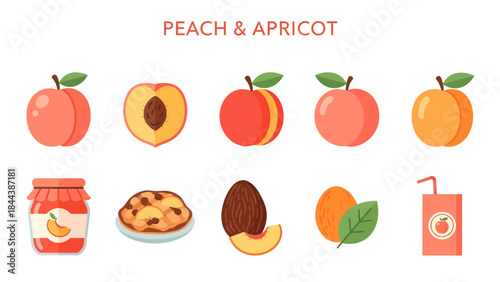 Flat style icons featuring peaches and apricots in various forms