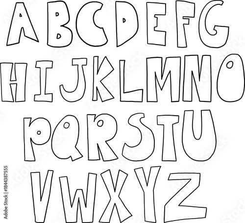 Hand drawn A to Z alphabet letters outlines for colouring book, font, typography, text, message, campaign badge, initials, name design, print, calligraphy, sticker, poster, cute patch, brooch, pin