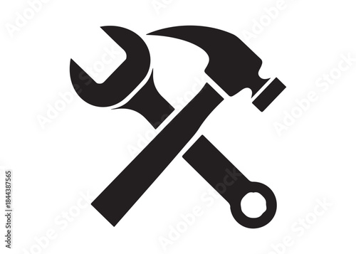 hammer and wrench logo silhouette vector, hand tool logo silhouette illustration, construction equipment logo, repair service wrench crossed over a hammer logo silhouettes vector on white background 