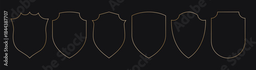 Golden shield frames. Geometric luxury gold borders, simple elegant thin line decorative shapes for wedding birthday card design, heraldic arch badges. Vector set