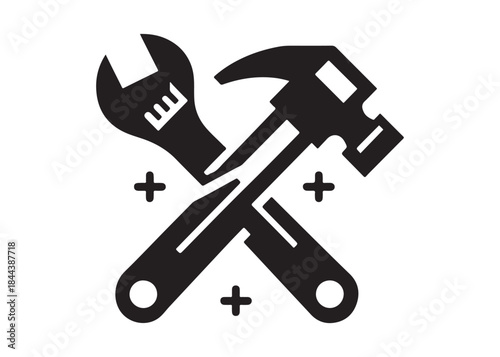 hammer and wrench logo silhouette vector, hand tool logo silhouette illustration, construction equipment logo, repair service wrench crossed over a hammer logo silhouettes vector on white background 