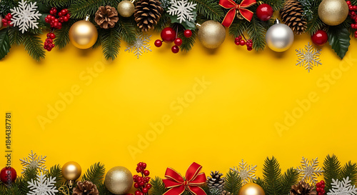 Festive christmas border decoration with pine branch ornament bauble cone and red berry against bright yellow background copy space for holiday greeting