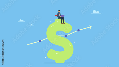 Businessman working with computer laptop on dollar sign money with rising graph. Revenue growth or investment profit increase, earning or wealth accumulate, growing income, financial analysis.