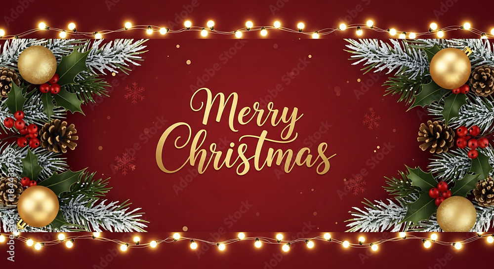 Obraz premium Elegant merry christmas greeting card design with golden text, festive border of pine branch, bauble, pinecone, and glowing light string on deep red background