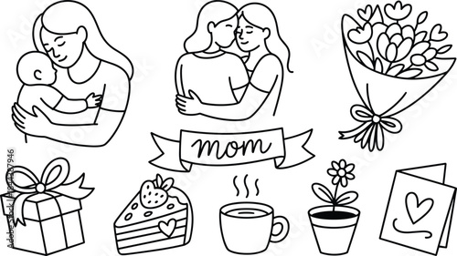 Mother’s Day Line Art Icons Set with Mom and Baby, Gifts, Flowers and Love Symbols Vector