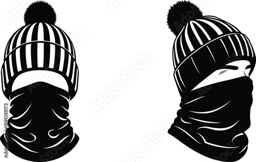 Stylized graphic illustration of a person wearing a striped winter beanie and face covering