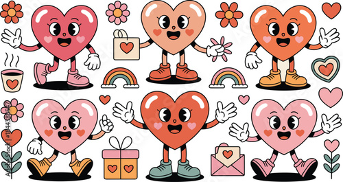Cute Heart Characters Set with Flowers, Rainbows and Love Icons Cartoon Vector Illustration