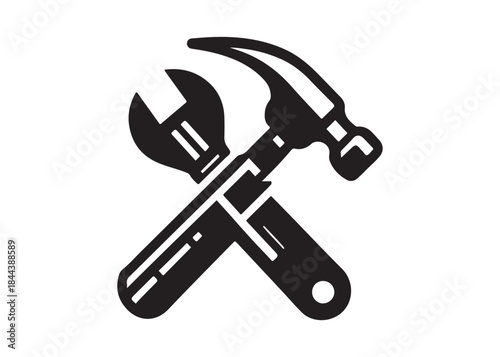 hammer and wrench logo silhouette vector, hand tool logo silhouette illustration, construction equipment logo, repair service wrench crossed over a hammer logo silhouettes vector on white background 
