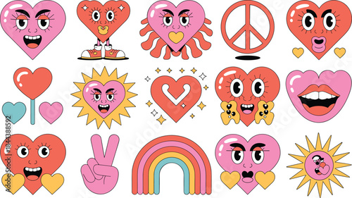 Cute Retro Heart Characters and Love Icons Collection with Rainbow, Peace Sign and Happy Faces
