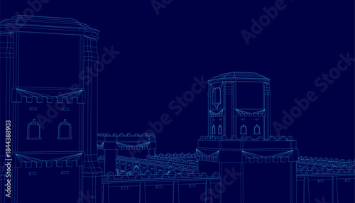 A modular fortress blueprint features a prominent clock tower in detailed wireframe style against a dark blue background.