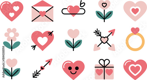 Cute Valentine Love Icon Set with Hearts, Flowers, Ring and Gift Vector