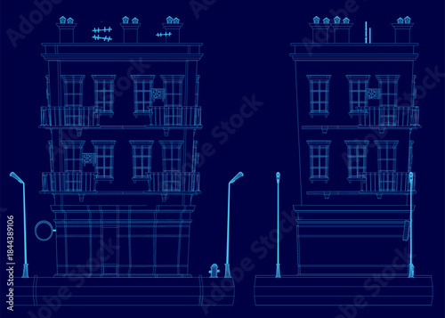 Low poly wireframe house blueprint with numerous windows, street lights, and a fire hydrant on a solid blue background.