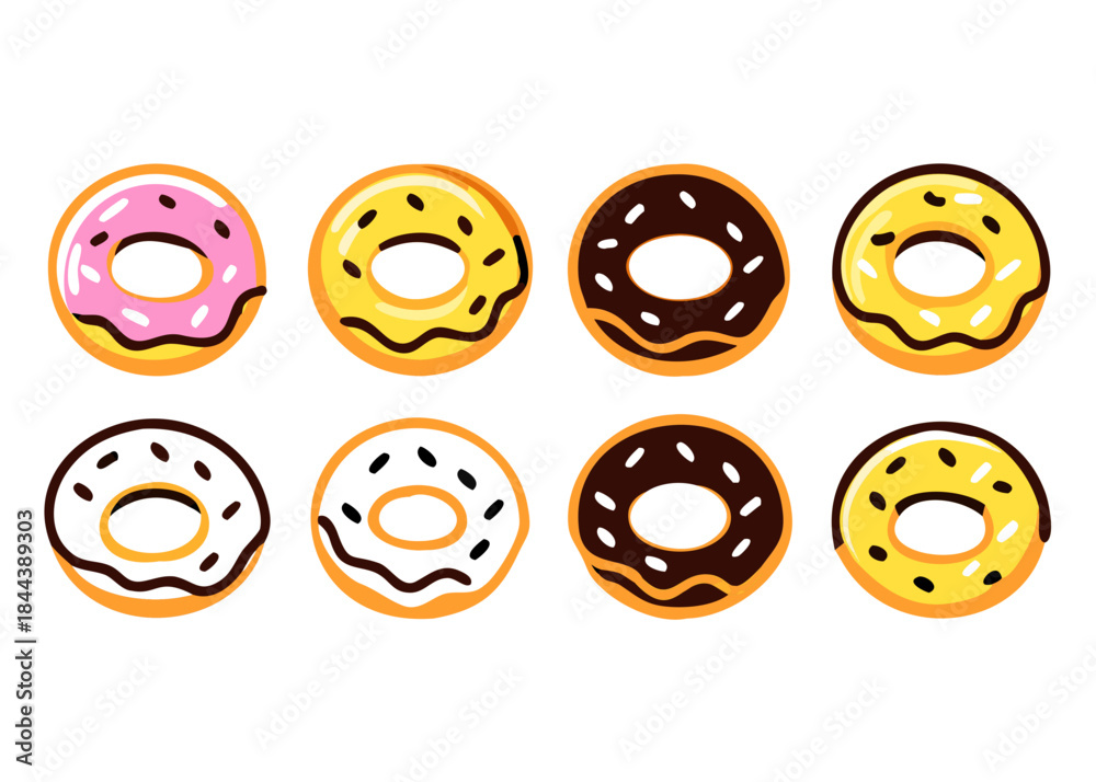 Fototapeta premium Set of cartoon colorful donuts isolated on white background. The view from the top and from the side. Vector illustration