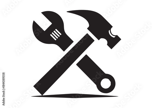 hammer and wrench logo silhouette vector, hand tool logo silhouette illustration, construction equipment logo, repair service wrench crossed over a hammer logo silhouettes vector on white background 