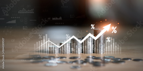 Tableau sur toile financial performance improvement, revenue growth, return on investment through upward trends and percentage analytics, ideal for economic forecasting, business planning, investment strategy content