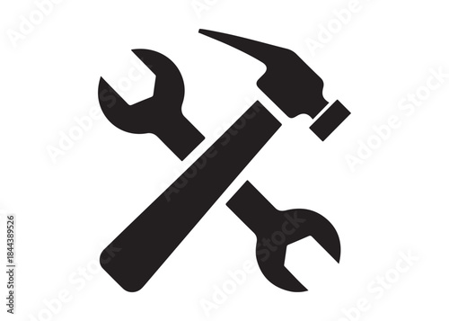 hammer and wrench logo silhouette vector, hand tool logo silhouette illustration, construction equipment logo, repair service wrench crossed over a hammer logo silhouettes vector on white background 