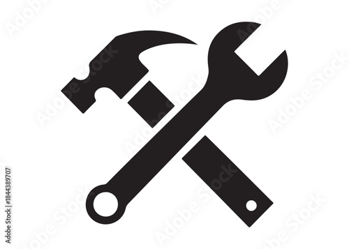 hammer and wrench logo silhouette vector, hand tool logo silhouette illustration, construction equipment logo, repair service wrench crossed over a hammer logo silhouettes vector on white background 