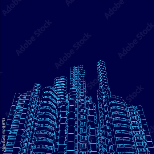 A sci-fi city blueprint displays a towering building contour against a dark blue background for a striking, futuristic contrast.