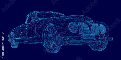 A retro sport car wireframe model with intricate lines and shapes, isolated on a solid blue background for a clean, technical design aesthetic.