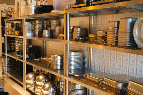 Professional kitchen shelves holding organized stainless steel cooking equipment including stacked pans and various utensils in a restaurant preparation area