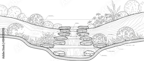 Detailed landscape plan showing multi-tiered water feature construction