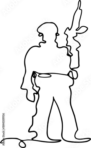 Continuous line illustration of armed soldiers in various poses. Minimal one line military figures in modern uniform style, suitable for posters, banners, editorial design, and conceptual graphics.