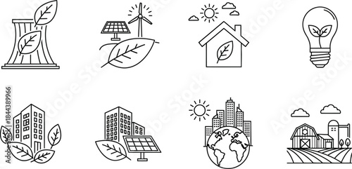 Ecology and renewable energy vector icons for sustainable living and environmental solutions isolated on white background