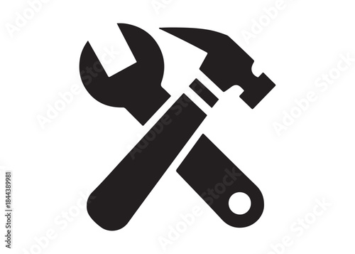hammer and wrench logo silhouette vector, hand tool logo silhouette illustration, construction equipment logo, repair service wrench crossed over a hammer logo silhouettes vector on white background 