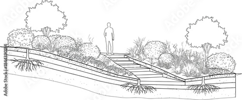Landscape retaining wall design cross section with plant roots