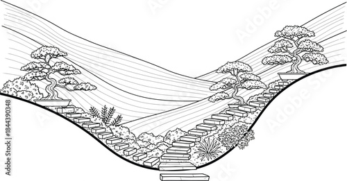Serene Japanese garden steps leading to stylized bonsai trees