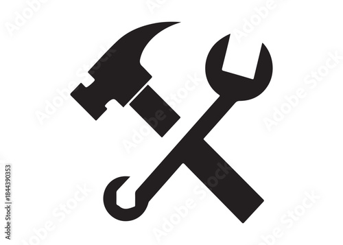 hammer and wrench logo silhouette vector, hand tool logo silhouette illustration, construction equipment logo, repair service wrench crossed over a hammer logo silhouettes vector on white background 