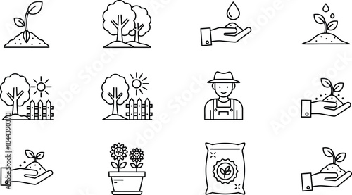 Outline plant growth, gardening, and nature care vector icon set for environmental concepts isolated on white background