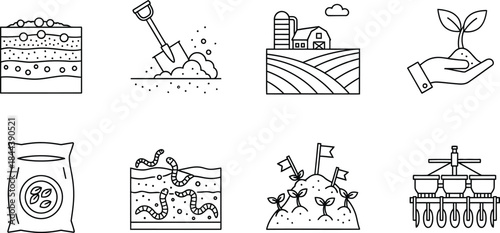 Set of eight agriculture and farming vector line icons including planting and harvesting isolated on white background