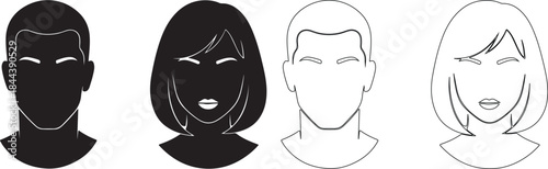 Vector set of male and female user avatar profile icons, black solid and outline style isolated PNG with Transparent Background
