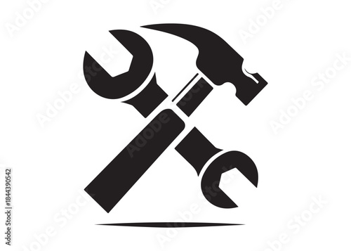 hammer and wrench logo silhouette vector, hand tool logo silhouette illustration, construction equipment logo, repair service wrench crossed over a hammer logo silhouettes vector on white background 