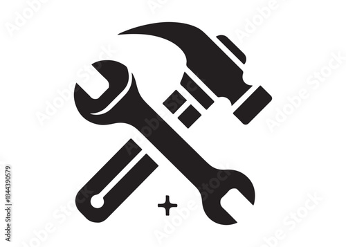 hammer and wrench logo silhouette vector, hand tool logo silhouette illustration, construction equipment logo, repair service wrench crossed over a hammer logo silhouettes vector on white background 
