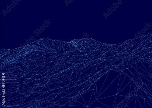 A low poly wireframe mountain range creates intricate terrain on a blue background. The geometric design features various shapes and connecting lines.
