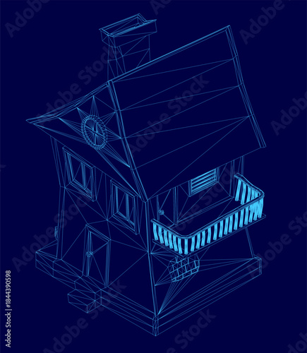 A 3D wireframe house model in a toon blueprint style, rendered realistically on a solid blue background for architectural visualization.