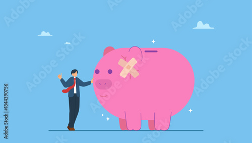 Cracked piggy bank with bandage metaphor of fixing problem. Fix financial problem, investment or saving impacted by crisis or inflation, bankruptcy, deposit or budget.