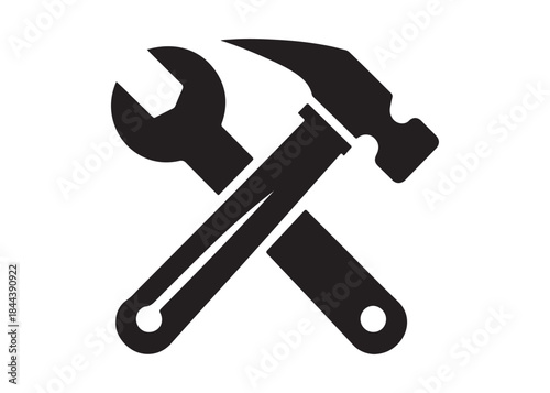 hammer and wrench logo silhouette vector, hand tool logo silhouette illustration, construction equipment logo, repair service wrench crossed over a hammer logo silhouettes vector on white background 
