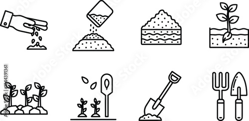 Set of six outline gardening tools and equipment vector icons illustration isolated on white background