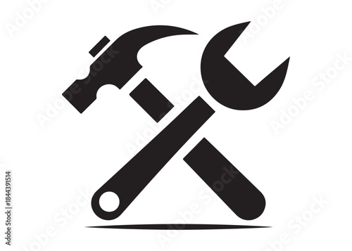 hammer and wrench logo silhouette vector, hand tool logo silhouette illustration, construction equipment logo, repair service wrench crossed over a hammer logo silhouettes vector on white background 