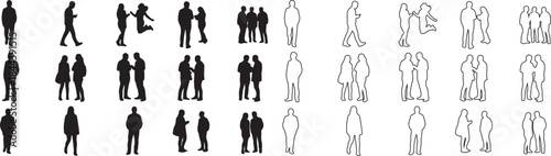 Set of Vector Human Figures. Black Silhouettes and Outline People in Various Poses. isolated PNG with Transparent Background